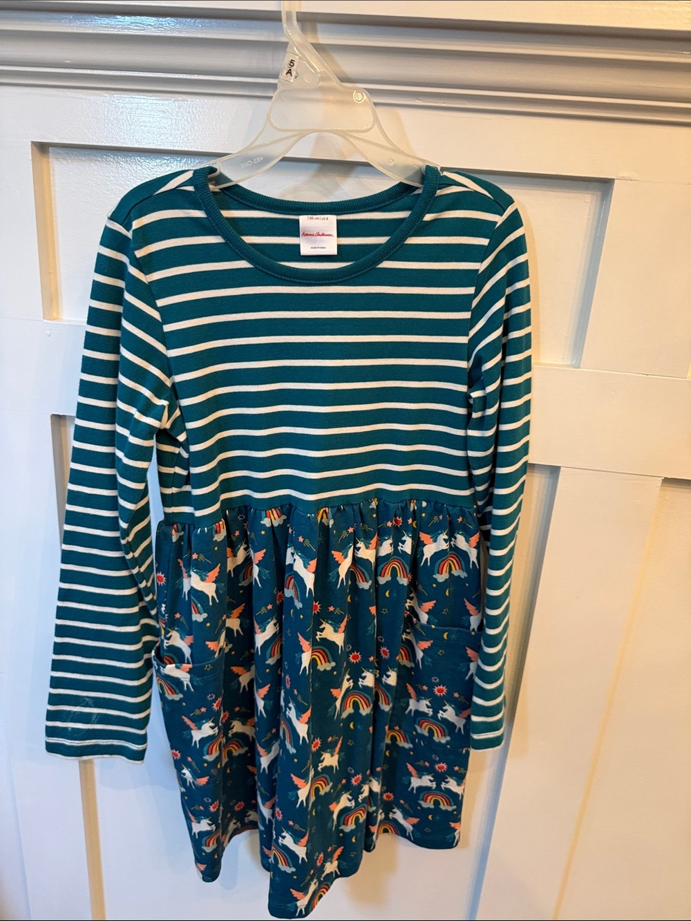 Hanna Andersson Teal & White Striped Unicorn Dress
